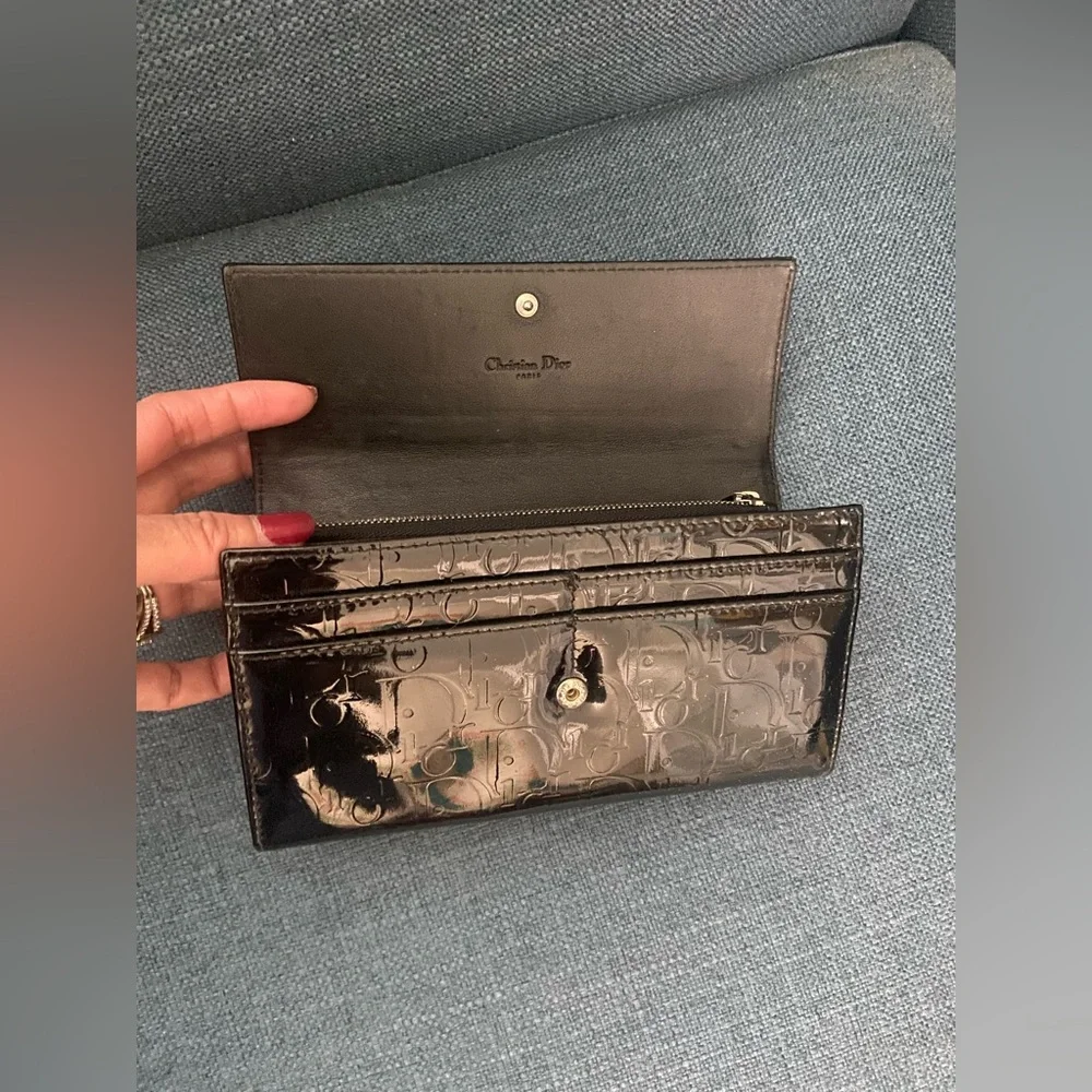 Authentic Dior Black Patent Leather Wallet Clutch with Fold-Over Design Silver